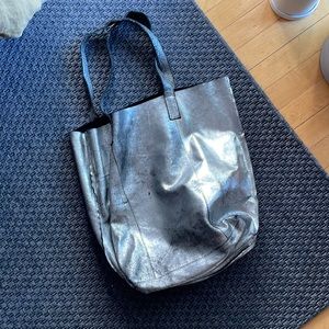 Metallic silver / black leather tote with detachable inside bag.